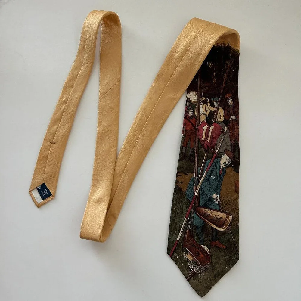Polo By Ralph Lauren Golf Scene Neck Tie Gold Multicolor Silk Hand Made USA VTG